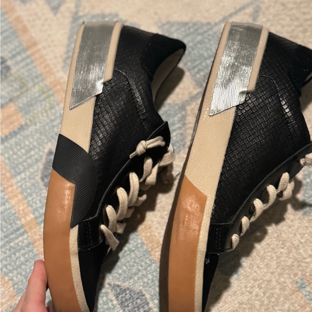 Dolce Vita Black Tan Cream Lace-Up Platform Sneakers with Silver Heel Accent